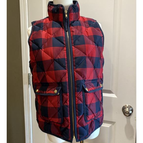 J Crew Down Fill Vest Women's PM Red Blue Full Zip Puffer w Pockets Quilted - Picture 2 of 3